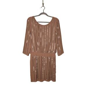 SARA BOO $99 Sequin‎ Beaded Open Back Chiffon Blouson Dress Brown Small